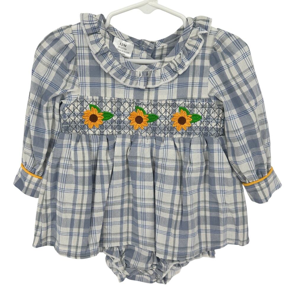 Smocked Baby Girl Bubble Dress Size 12M Embroidered Sunflower Boutique NWOT